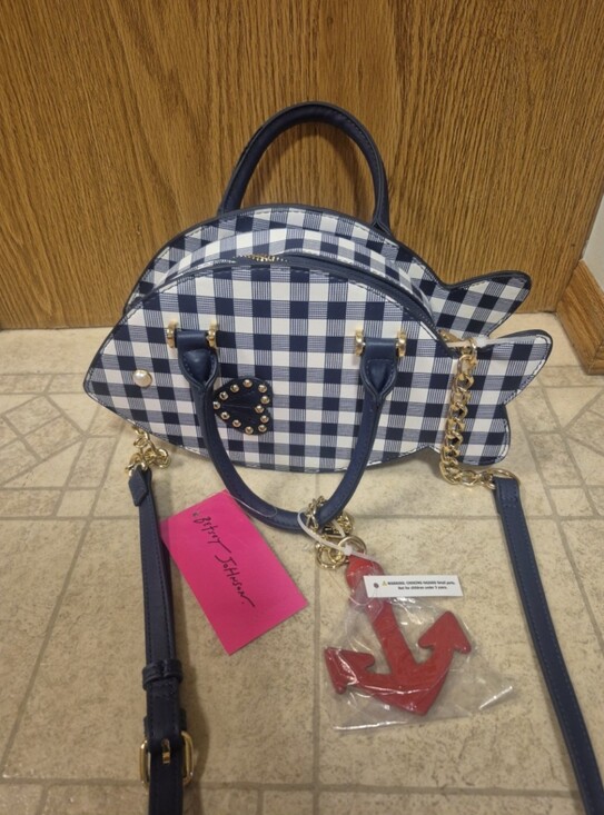 Betsey Johnson Handbags - Betsey Johnson XO Sea Fish Shaped Navy & White Gingham Pattern Crossbody Bag